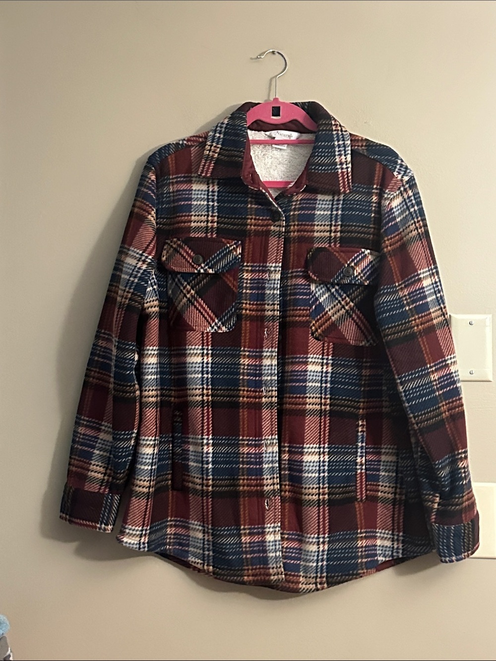 Natural Reflections Plaid Button-Down Jacket - Burgundy, Navy & Cream
